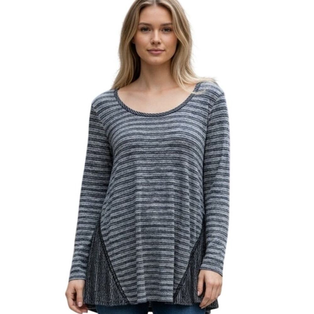 Soft Surroundings Dylan Top Womens Large Gray Burnout Knit Mixed Striped Tee